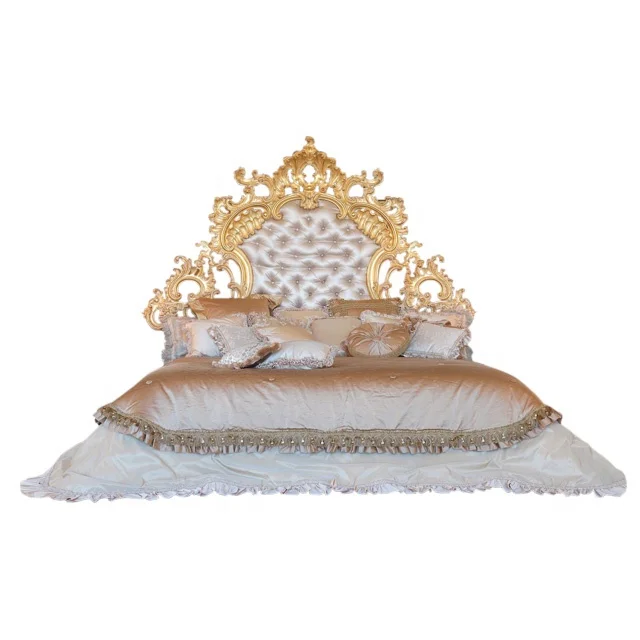 Роскошные деревянные двойные кровати в европейском стиле, обивка, индивидуальная Золотая Резная Кровать большого размера Калифорнии