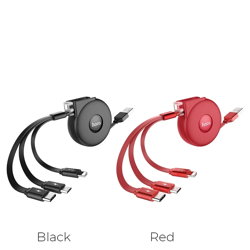 
HOCO U50 3-in-1 retractable charging cable 1m for iphone Type c Micro USB TPE ABS portable foldable 