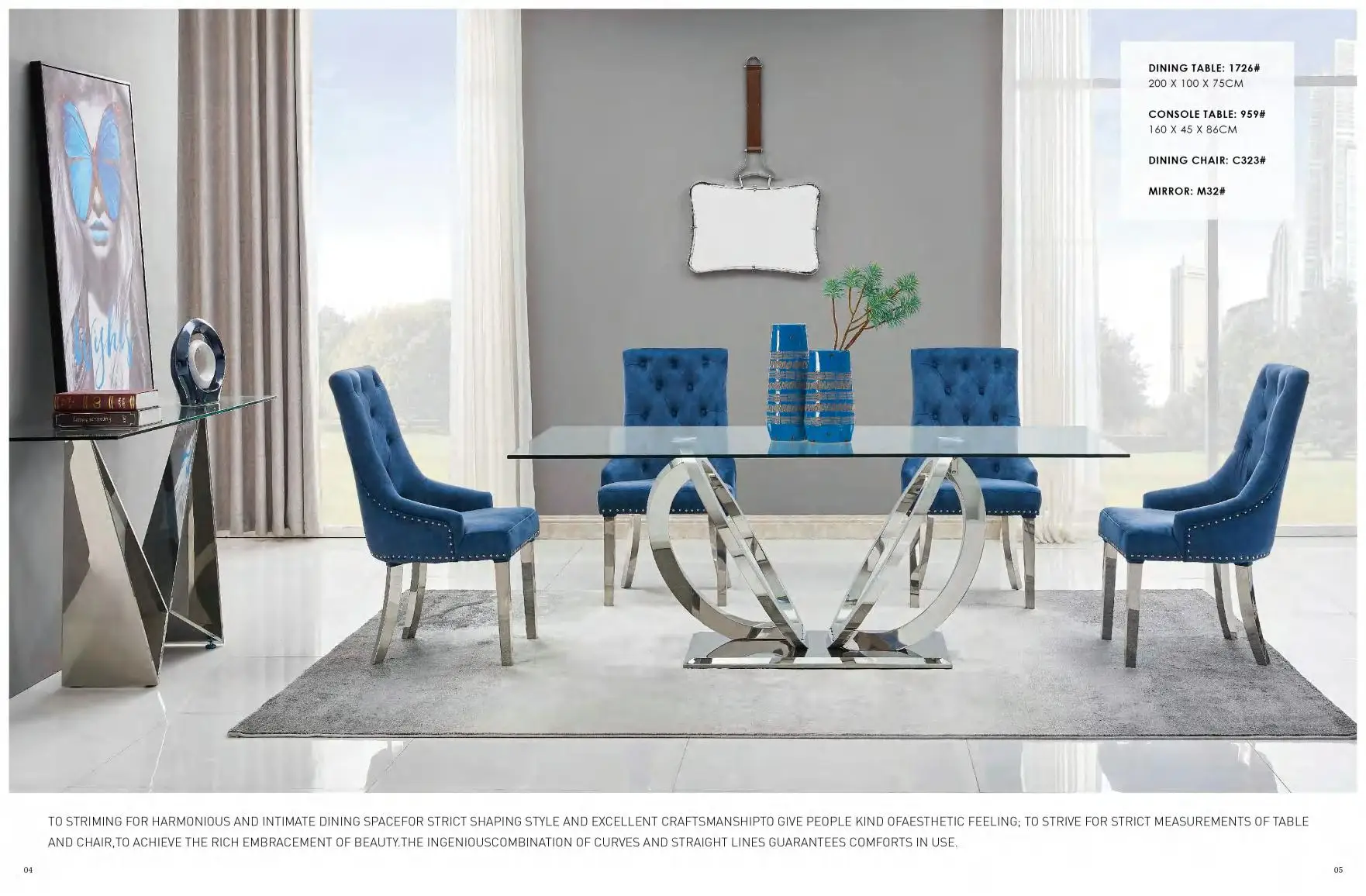 Blue Dining Table Stainless Steel Tempered Glass Elegant Luxurious Living Room Furniture