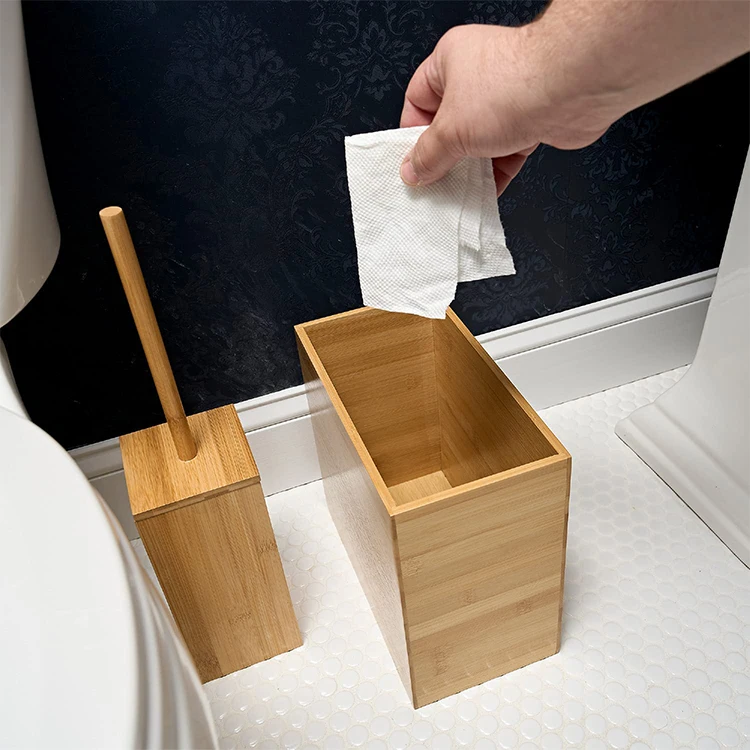 Customized Office Household Bamboo Rectangular Waste Basket Sanitary Trash Can