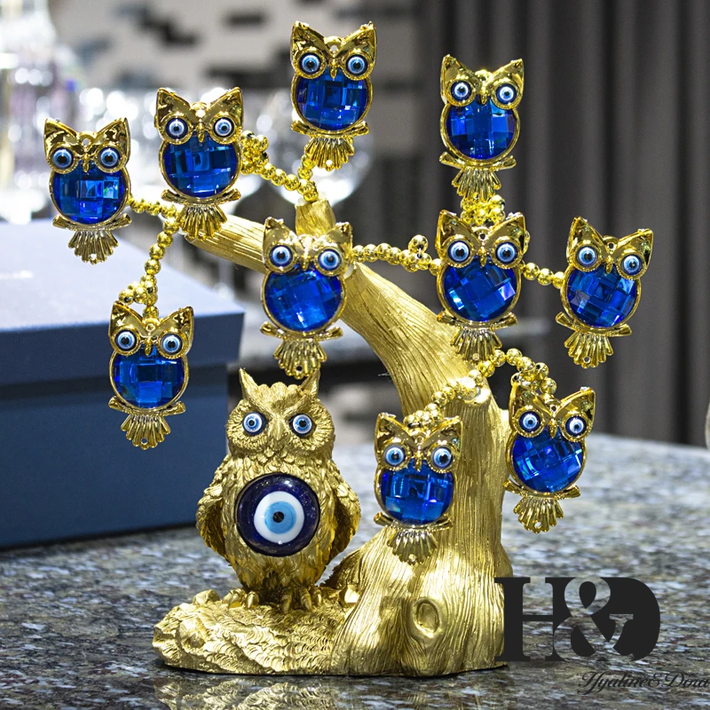 H&D Turkish Blue Evil Eye Owl Figurines Gold Lucky Tree of Life Statue Home Decor Ornaments