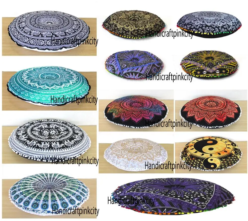 Modern Squire Shape Mandala Cotton Pouf Cover round Ottoman Stool for Home Furniture for Living Room Bedroom Hall Warehouse