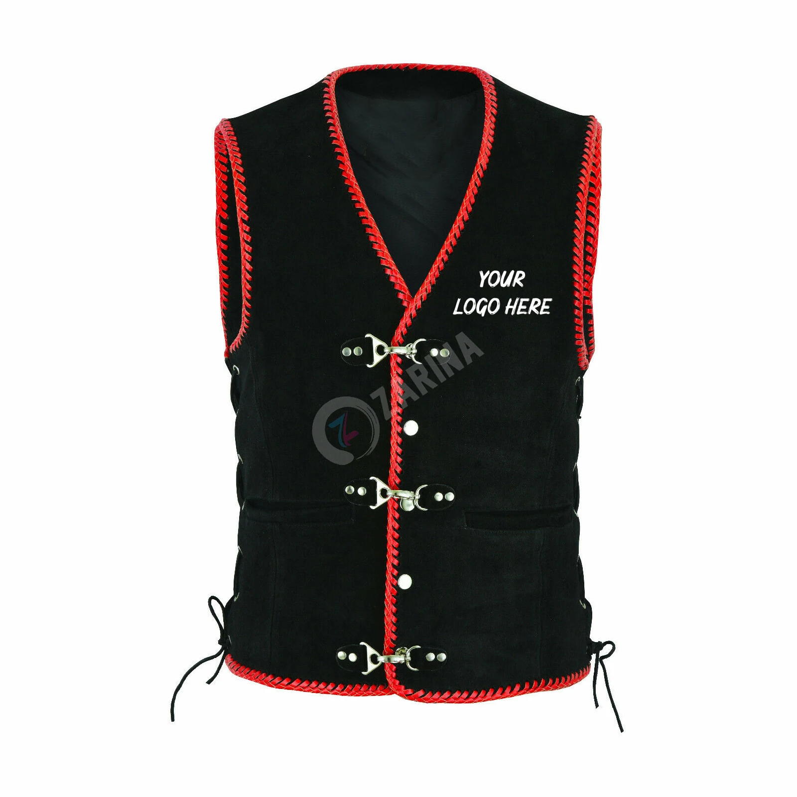 
Fully Customized Leather vest Mens Real Leather Suede Leather Vest Red Braided Black Motorcycle Clothing 