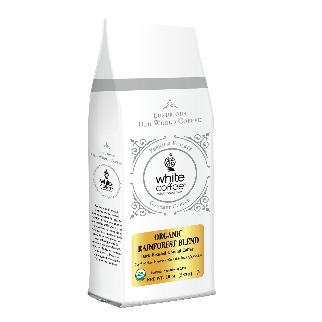 High Quality Medallion Organic Rainforest Blend roasted Ground coffee By White Coffee