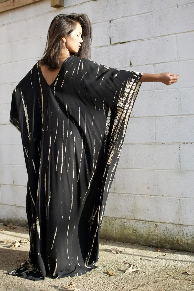 Tie Dye Kaftan Free Size Beachwear Women Dress Full Casual Dresses Trendy Adult Loose Support Tie Dye Color Blocking Rayon Dress