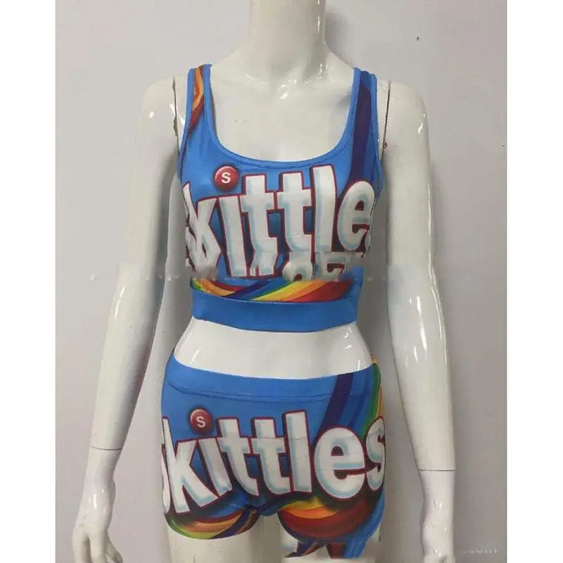 fashionable 2021 summer sexy off the shoulder crop top dicky printed 2 piece women track two piece biker short set