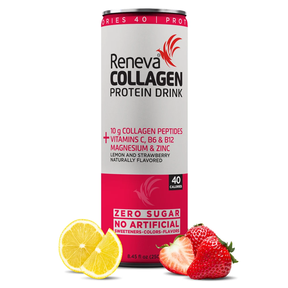 
Reneva Collagen Protein Drink 10g Collagen Peptides Electrolytes Vitamin C Strawberry Lemon with B12 B6 Zero Sugar Protein Shake 