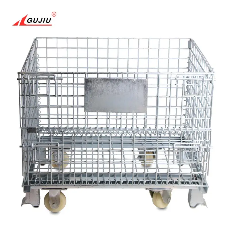 Industrial Bulk Roll Stacking Container Galvanized Mesh Wire China Foldable Durable Metal Storage Cages With Wheels