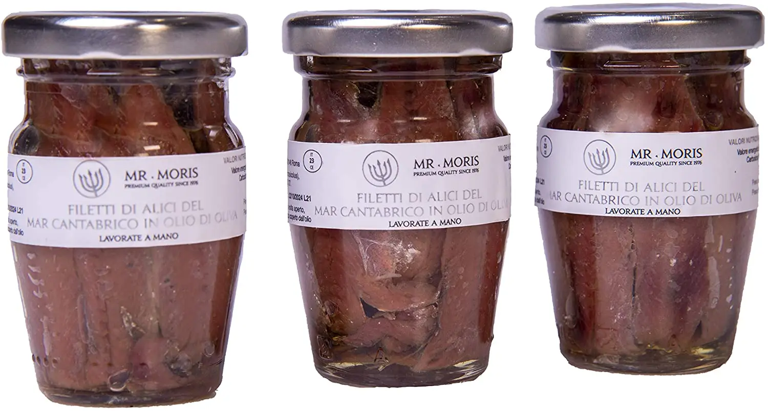 Premium Quality Anchovies Fillet from Cantabrian Sea in Extra Virgin Olive Oil Mr. Moris Made in Italy Kosher in Jar 80 g
