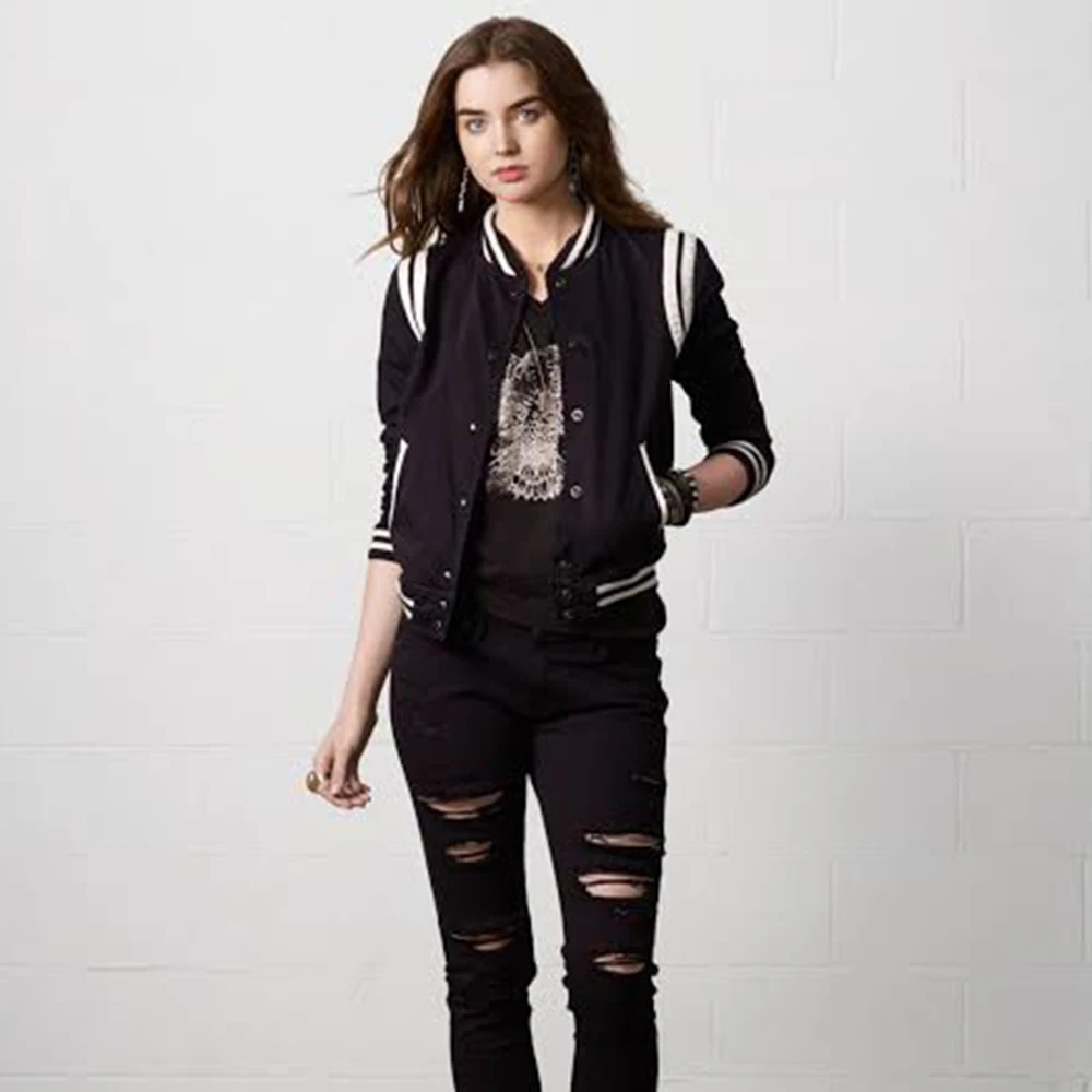 Black Wool With White Rib Sleeves Button Front Pockets Varsity Women Jackets