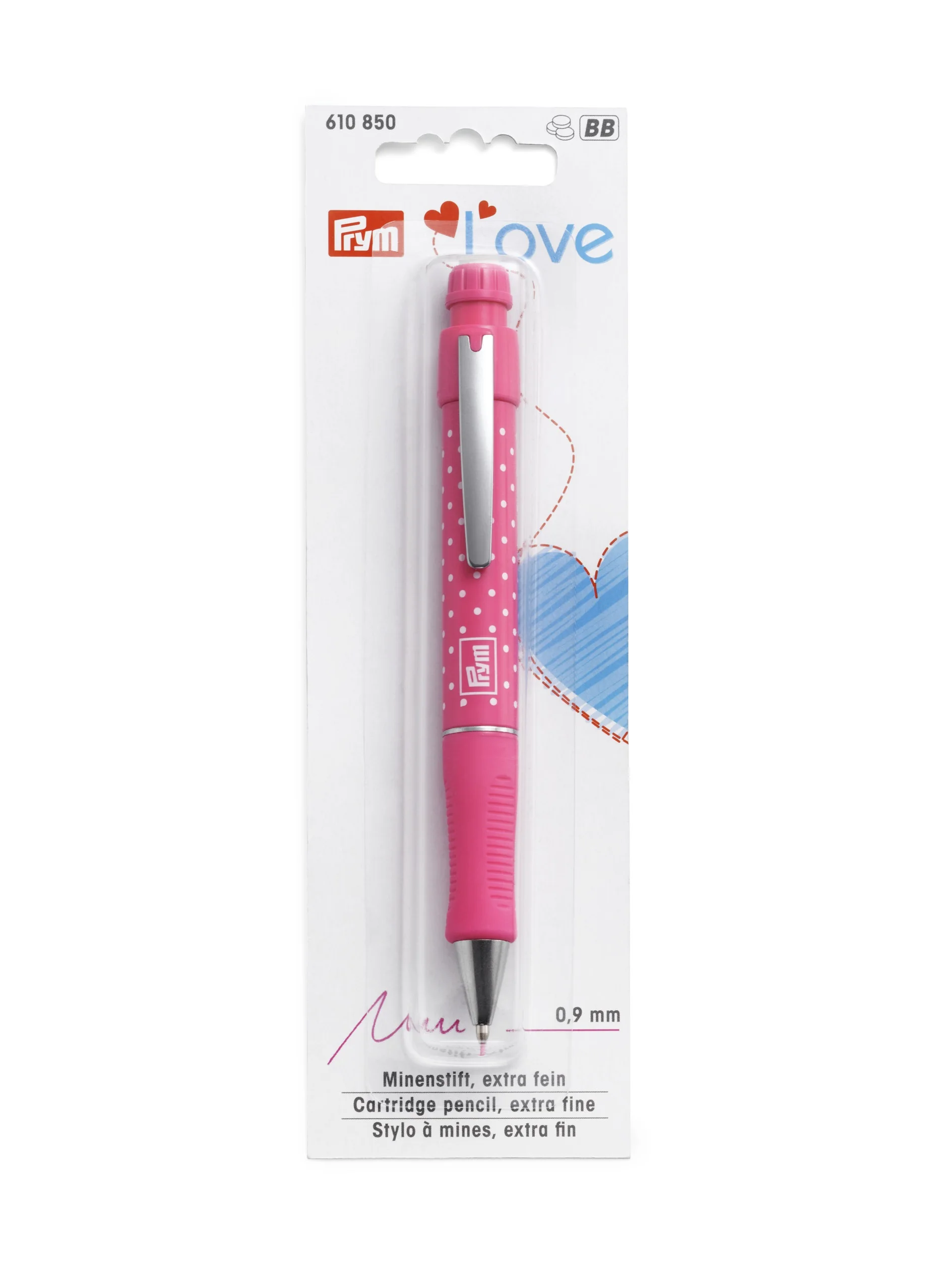 Prym Love 610850 Sewing Cartridge Pencil with Two Pink Refill Cartridges 0.9mm