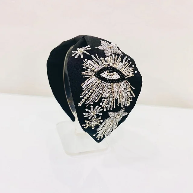 Trendy Hand Embroidered beaded Black Turban Style Indian Handwork Seed Beaded Knotted Party Headpieces for Women