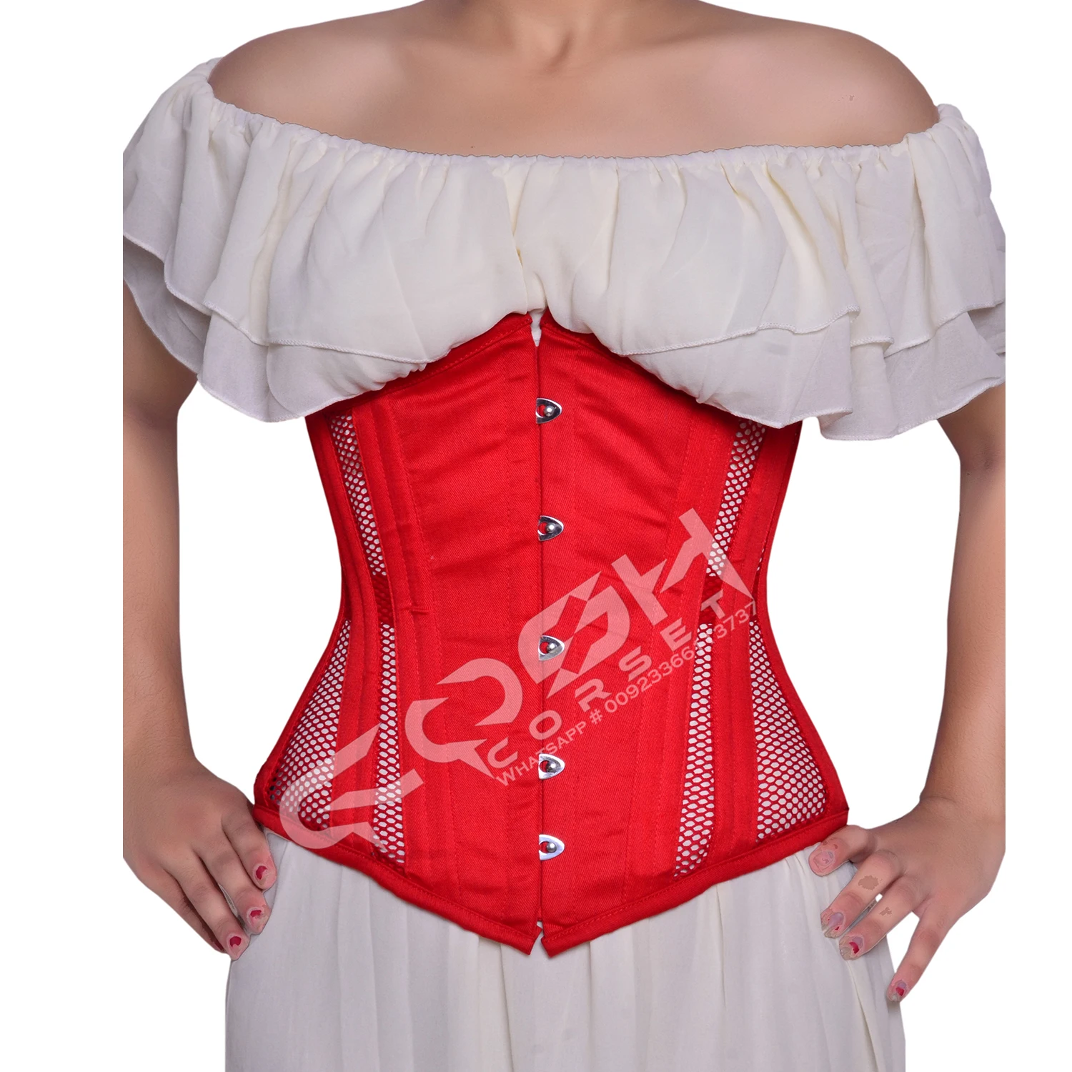 Women Fashion And Party Wear Red Cotton With Mesh Steel Boned Under Bust Waist Reducing Extreme Curvy Corset Top