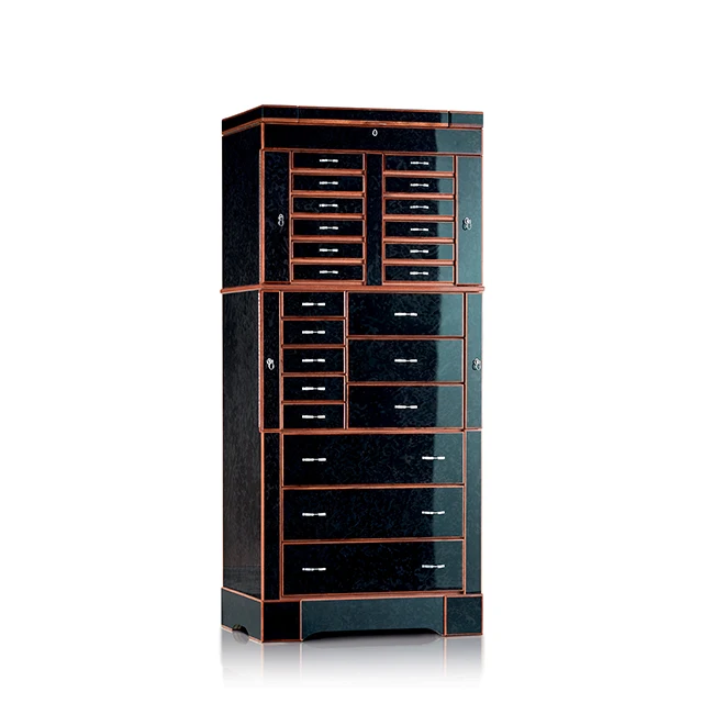 Armoire in black birds eye maple and mahogany, polished finish. Jewelry armoire cabinet