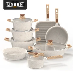 7/10/16Pcs OEM Die Cast Aluminum Composite Bottom White Marble Non Stick Pots And Pans With Wooden Handle Cookware Sets