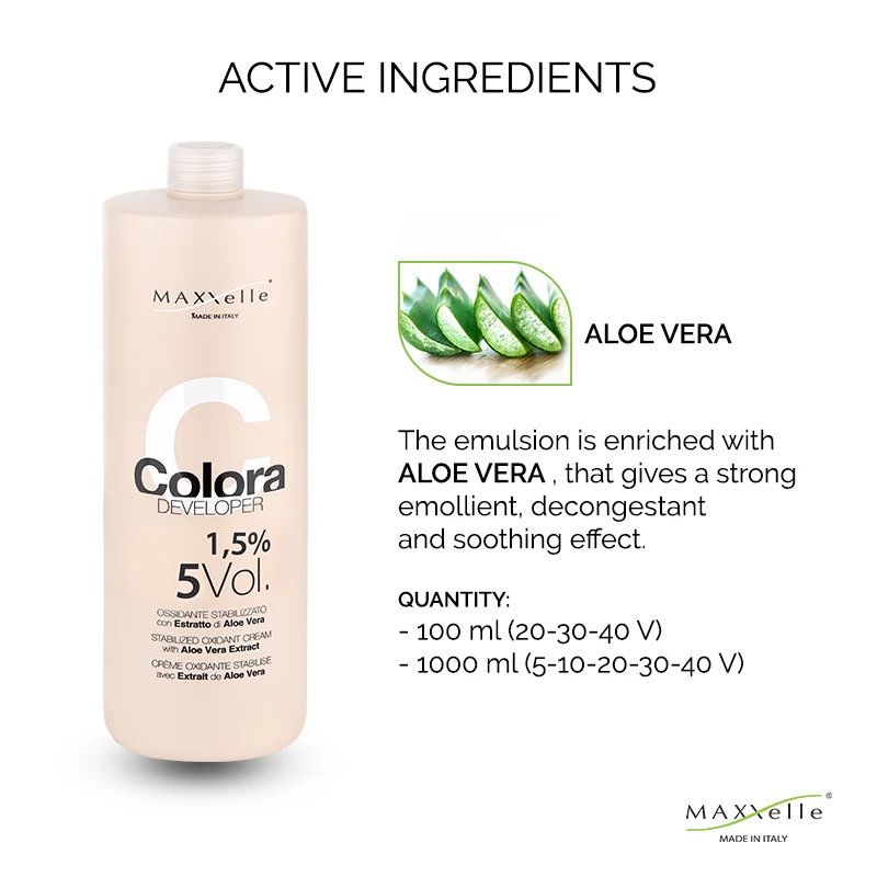 Color Cream Developer 1,5% 5V Stabilized Oxidant with Aloe Vera 100% Made in Italy Hair 1000 ml