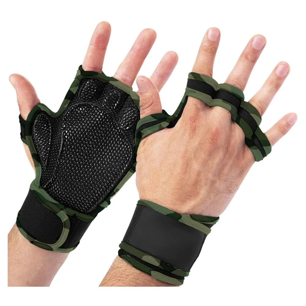 Camouflage Workout Gym Gloves Grips with Wrist Wraps and Full Palm Silicone Padding for Strong Grip for Gym Training