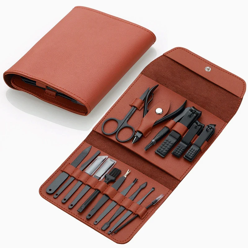 Professional Nail Sharpening Tools Matte Black Nail Art Tools Stainless Steel Manicure Beauty Instruments With PU Pouch