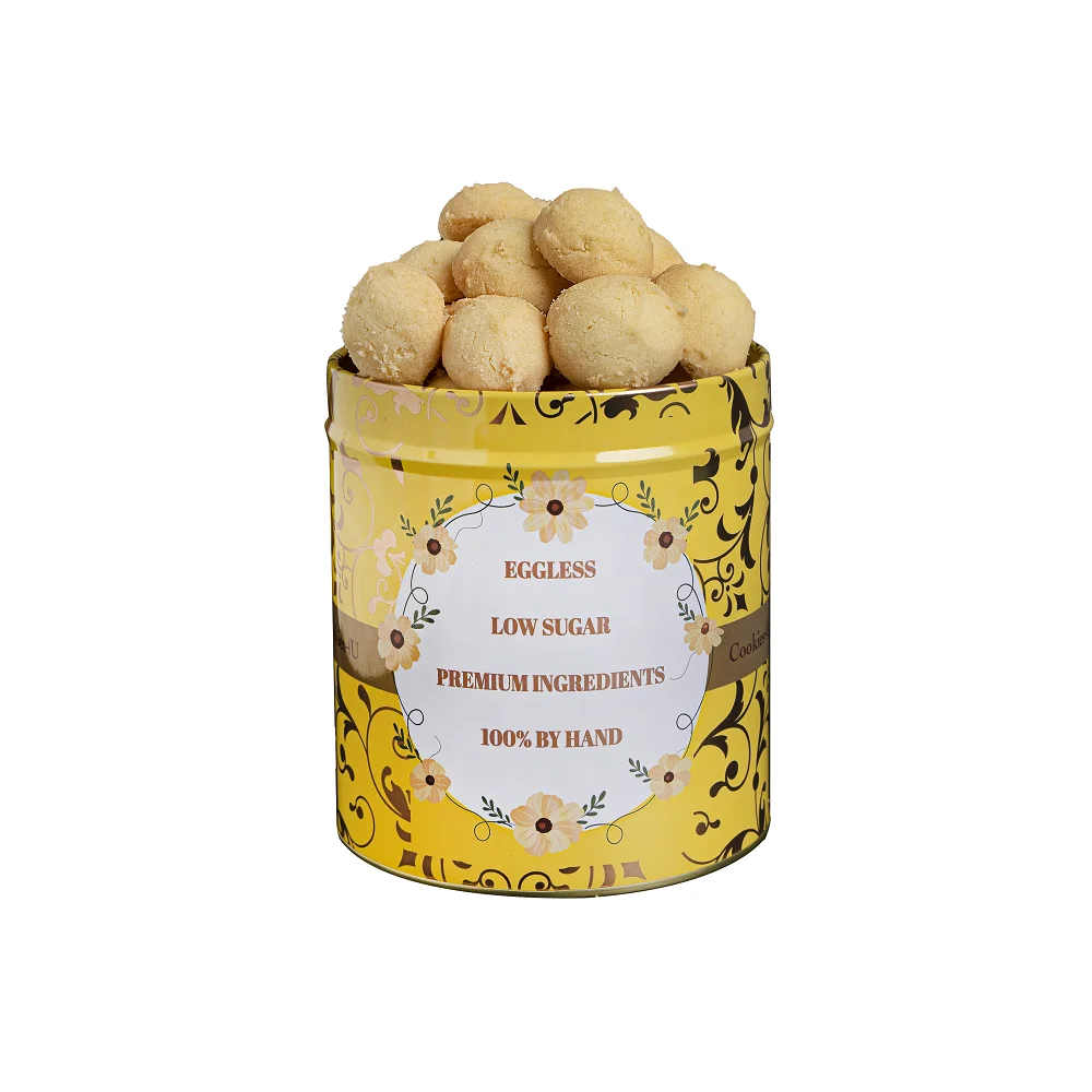 Hot Sale Delicious Baked Goods Buttery Fragrance Soft Eggless Low Sugar Golden Pebble Cookies Biscuits with Tin Bottle Packaging