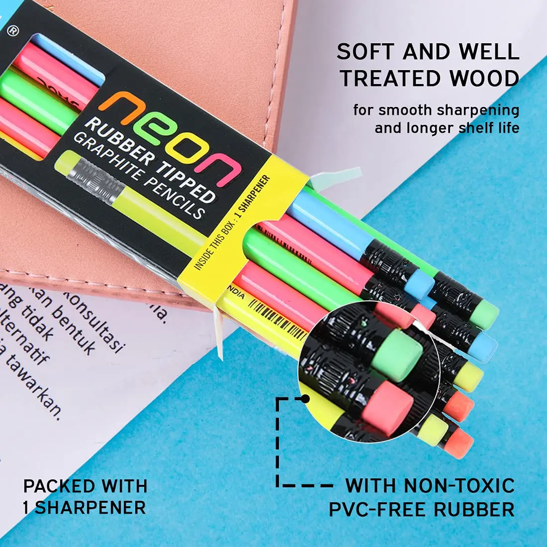 Standard Wooden Pencils Premium Quality Round Wood Doms Neon Rubber Tippede Extra Dark Lead HB Pencils