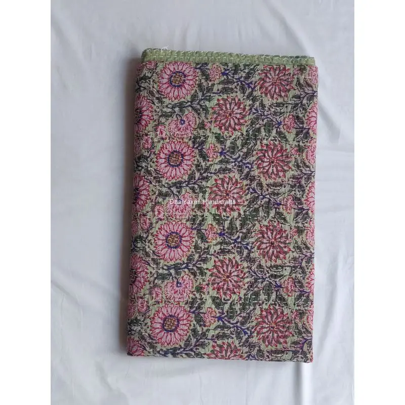 Green Indian Handmade Sunflower Print Cotton Kantha Quilt Beautiful Floral Wholesale Kantha Bedspread