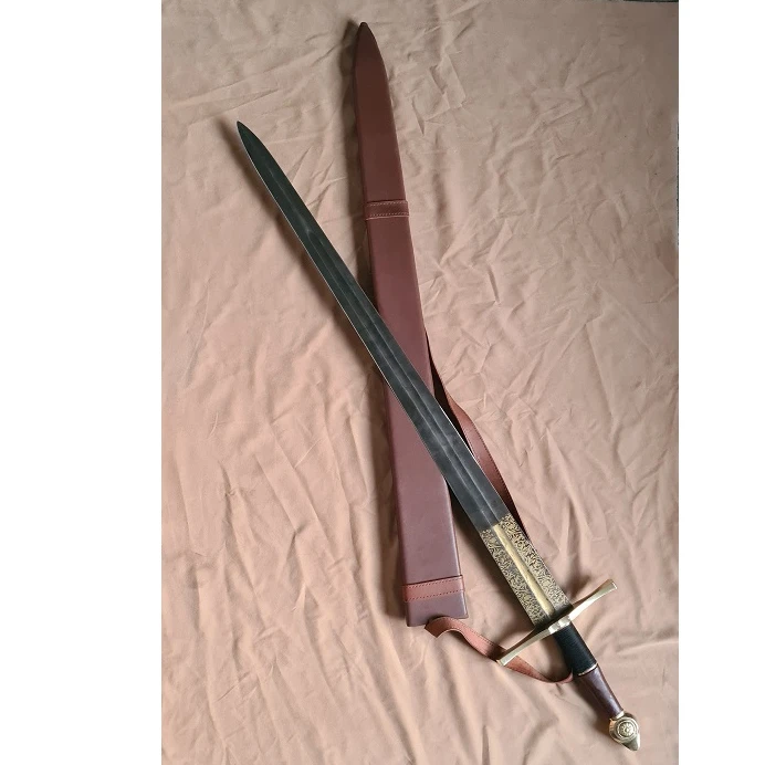 European long sword with spring steel blade and wooden scabbard with leather raping from pakistan