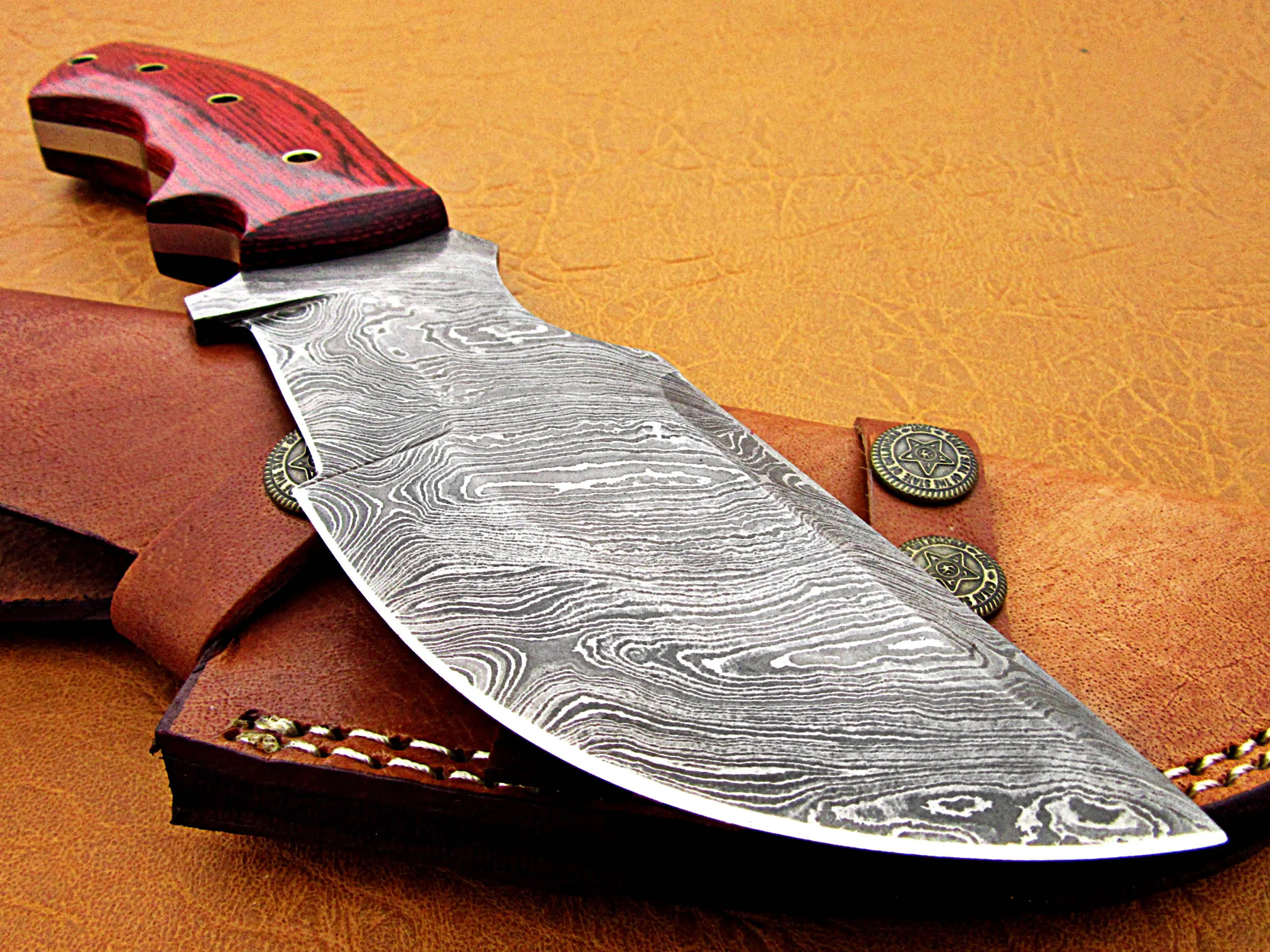 100% Top High Quality Damascus Steel Tracker knife/ Camping survival knife wood handle with pure Leather Sheath  SCW-TK-0017