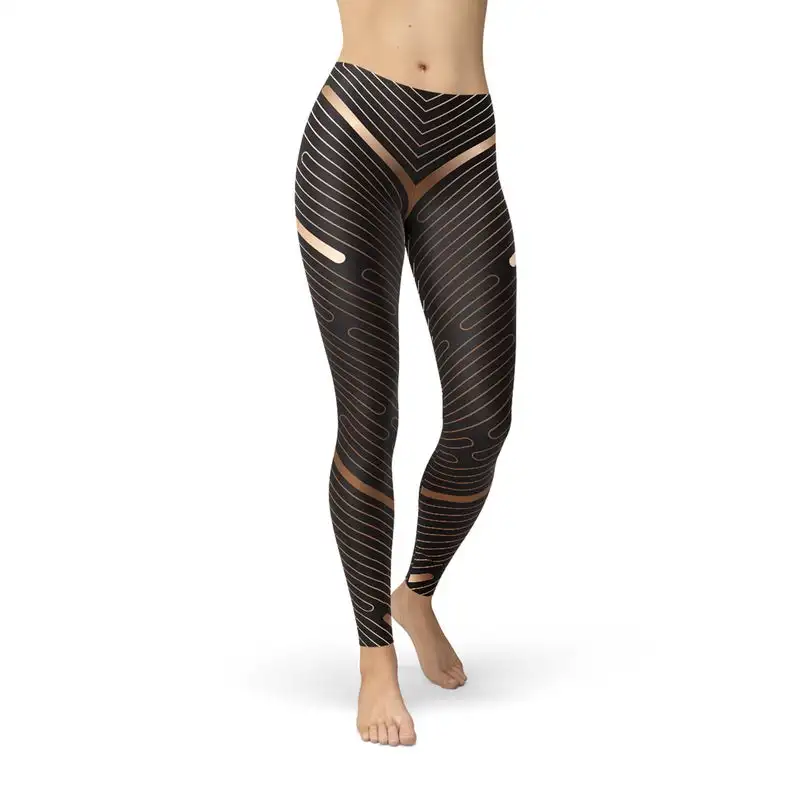 
OEM Brown Leggings For Women - Striped Pattern Art Deco Style Print Workout Leggings 