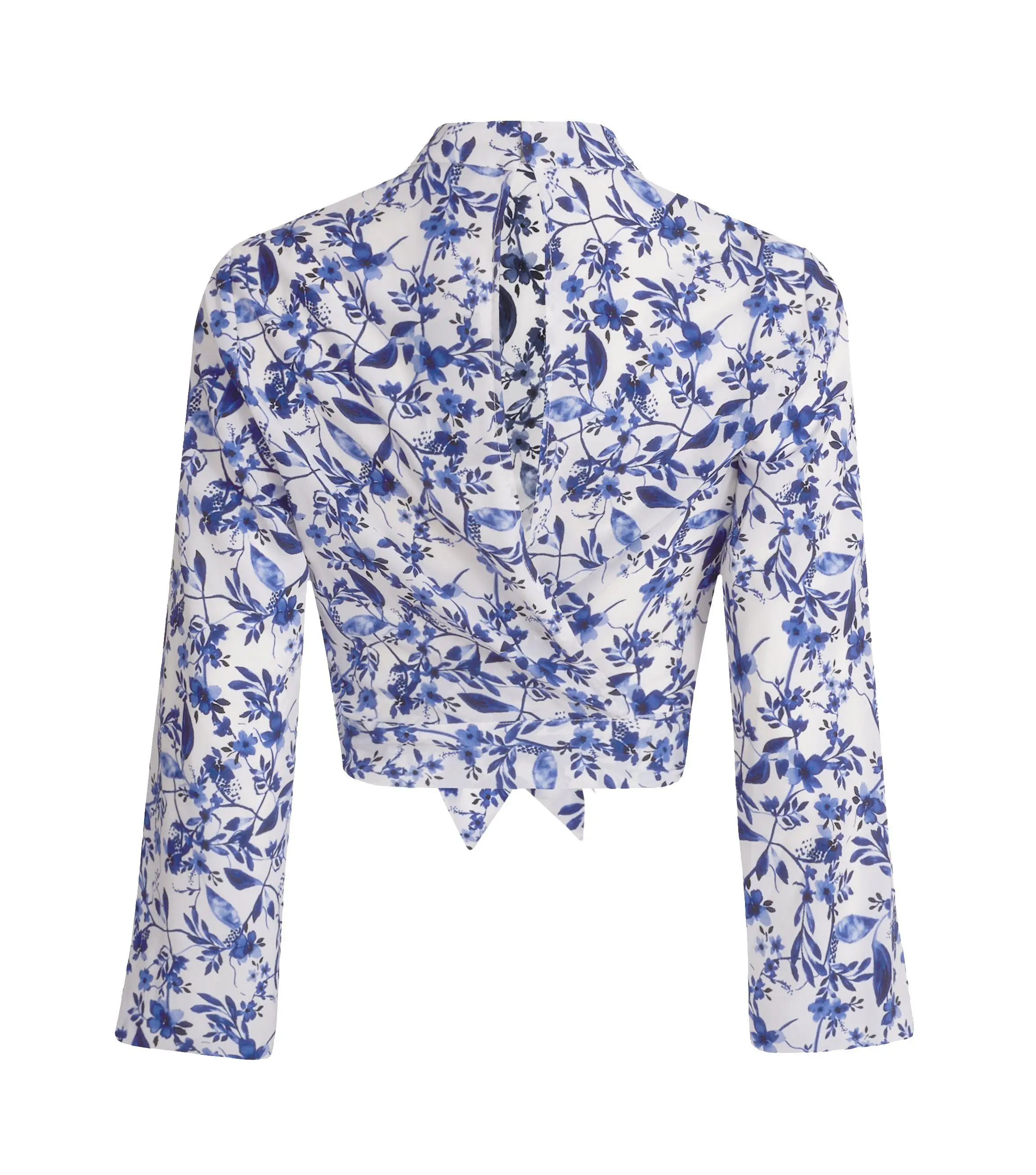 Latest Blouse in Blue Floral High Neck Tie Back Top with long Sleeve Detail Fashion Back Neck Design