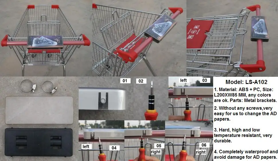 MOQ 100 Sets Small Size Shopping Cart Handle Advertising Boards, Supermarket Trolley Handle Sign Frames