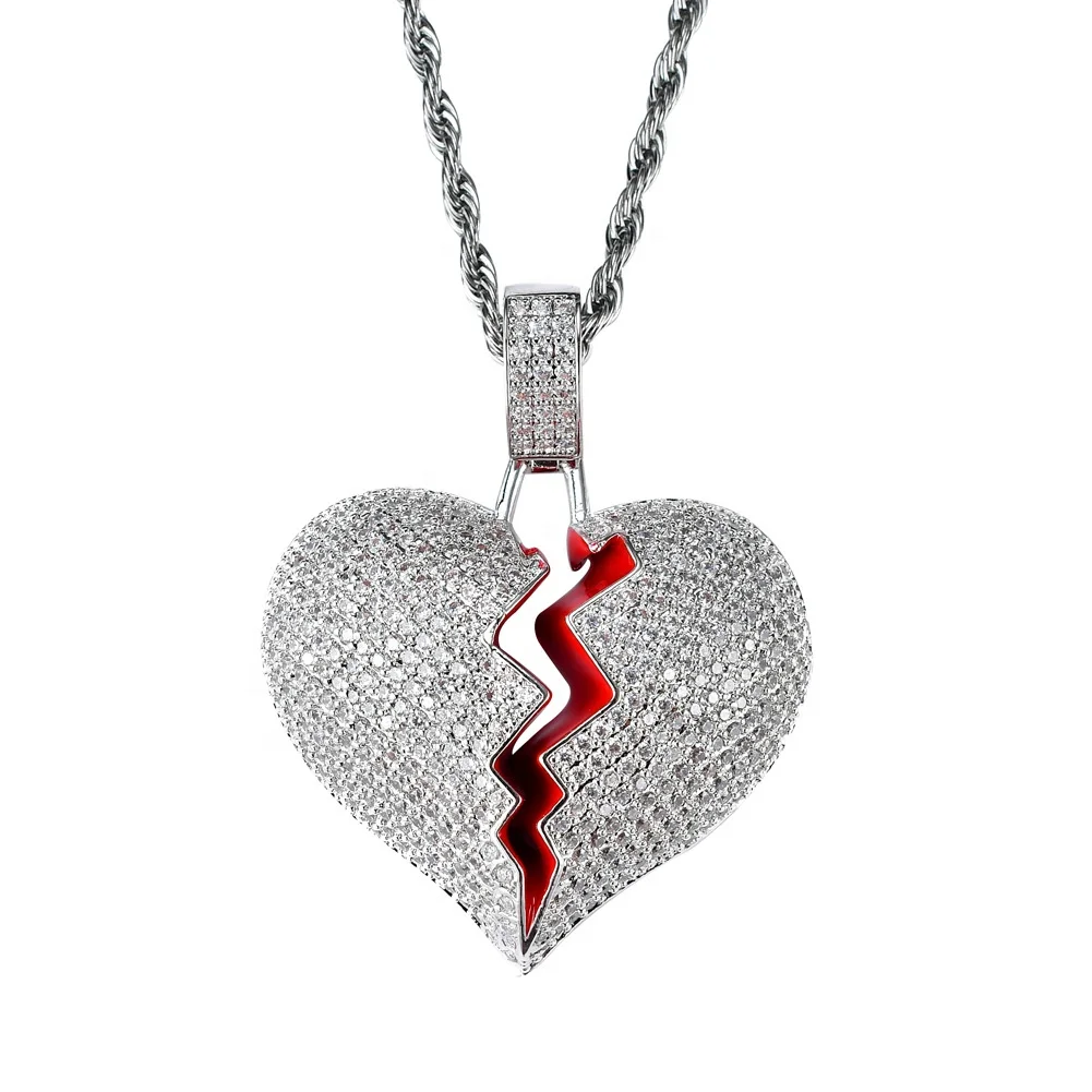 Hip Hop Bling Iced Out Gold Plated Teeth Pendant Necklace Twist Cuban Full Diamond Broken Heart Shape Pendant Necklace