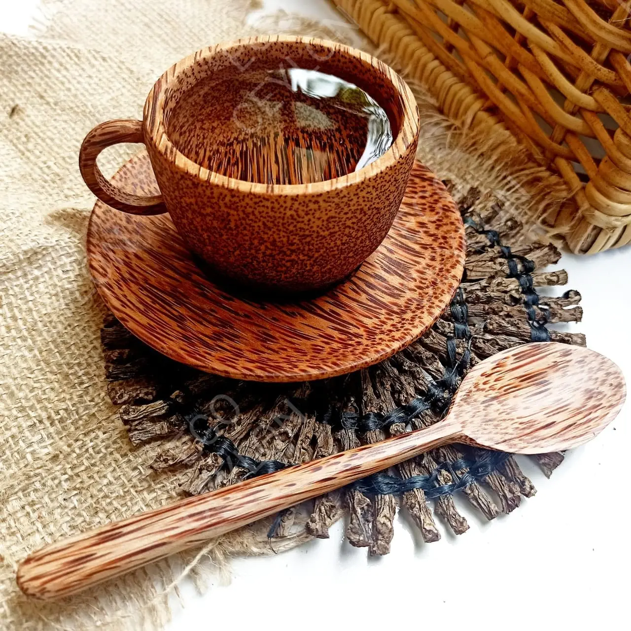Vietnamese Handicraft COCONUT WOOD TEACUP with spoon and placemat cup for daily drinking kitchenware party wedding decor table