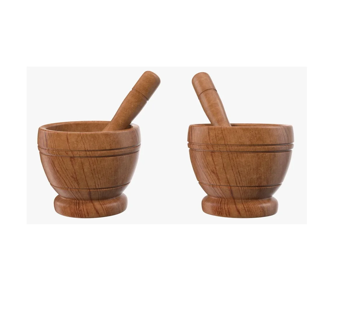 100% Natural Wood Mortar & Pestle Smooth Round Shape and Top Style 14cm Size and 3 Different Size and Rustic Wood Color