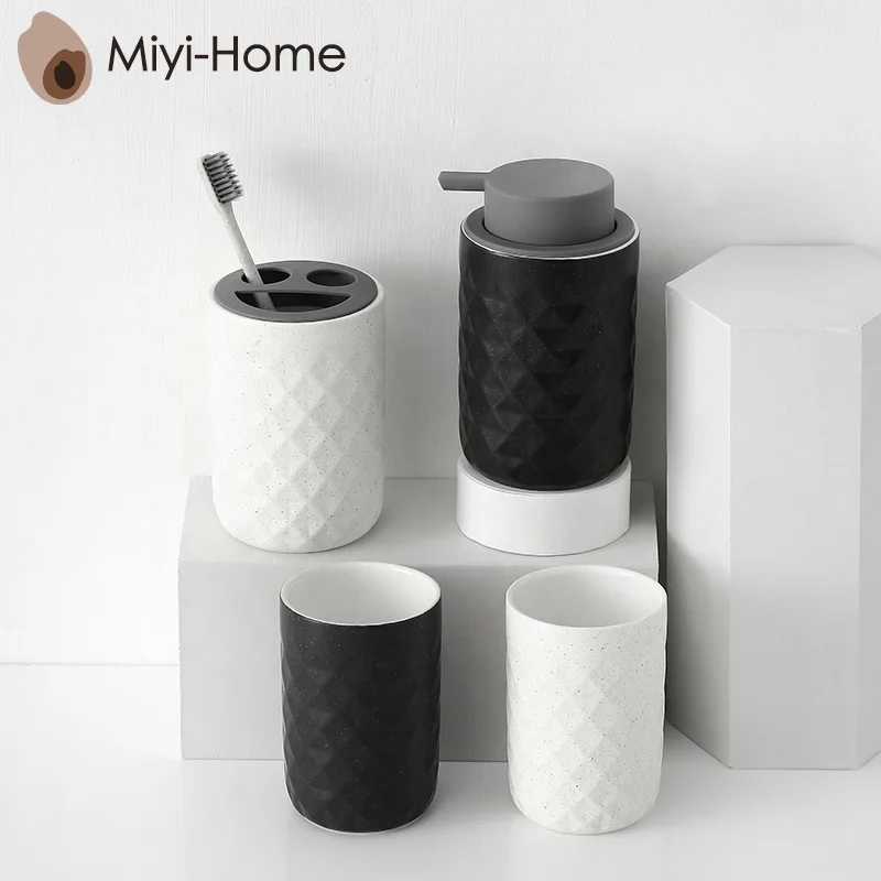 Classics black white 4-Piece Bath and Vanity Luxury Bathroom Essentials Accessory Set with Toothbrush Holder