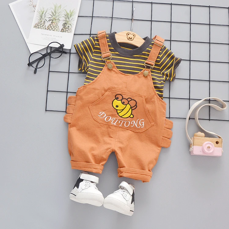Girl summer suspenders pants small bee pattern + stripe T-shirt set kids girl summer kids clothing wholesale
