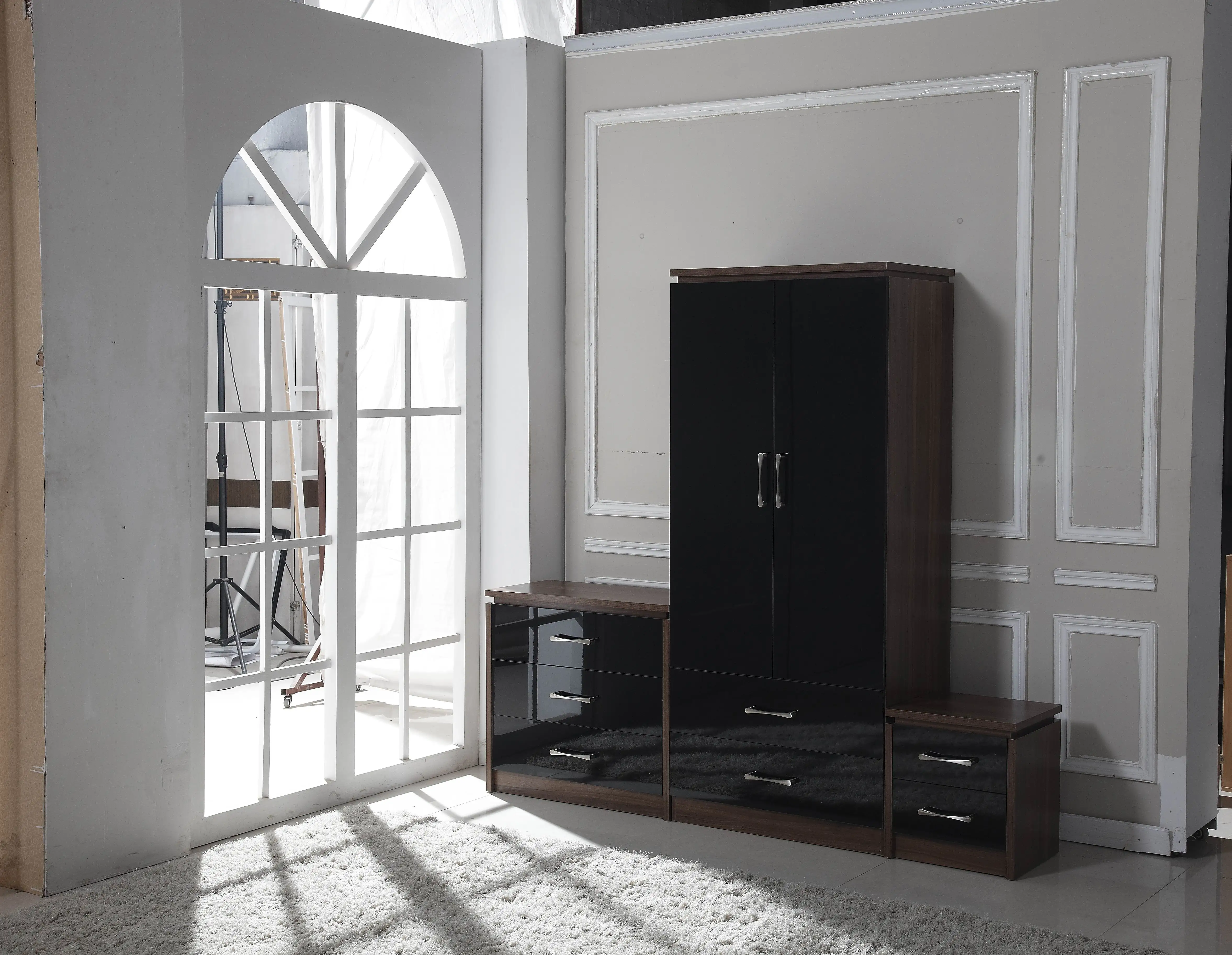 High Gloss Bedroom Furniture Sets 3 Piece Trio Wardrobe Drawers Chest & Bedside cabinet