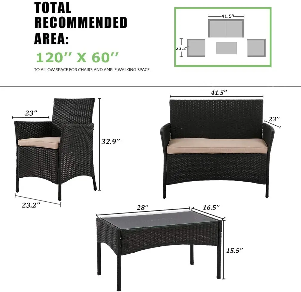 
4 Pieces Outdoor Patio Furniture Sets Rattan Chair Wicker Set, Outdoor Indoor Use Backyard Porch Garden Balcony Furniture 