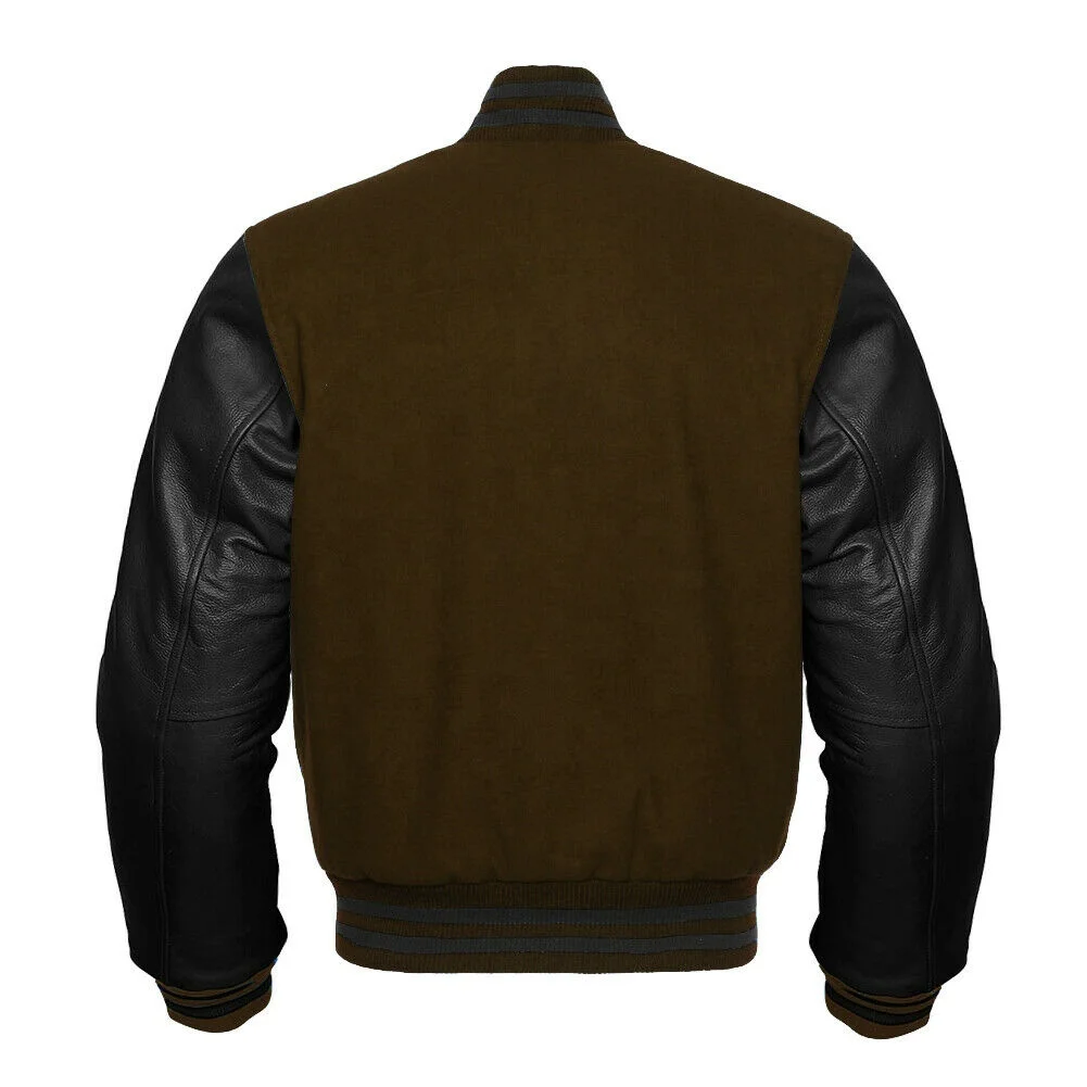 Cotton body and original cowhide leather sleeves jacket with satin lining inside letterman jacket