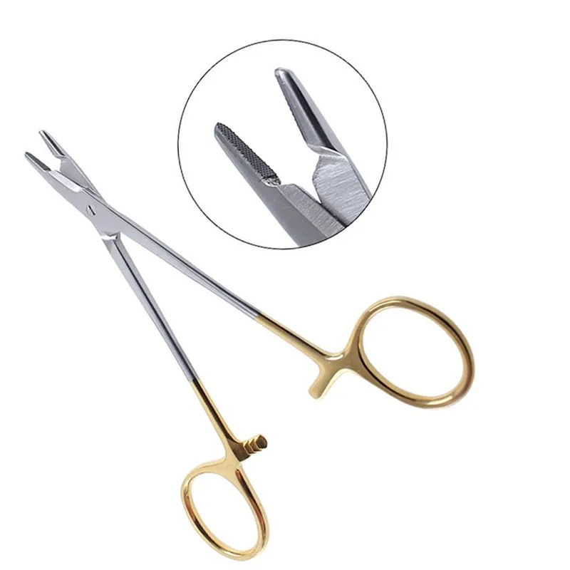 
 Игольчатый держатель TC с золотистой ручкой и ножницами, игольчатый зажим, хирургический шовный инструмент для встраивания, щипцы для двойной хирургии век  