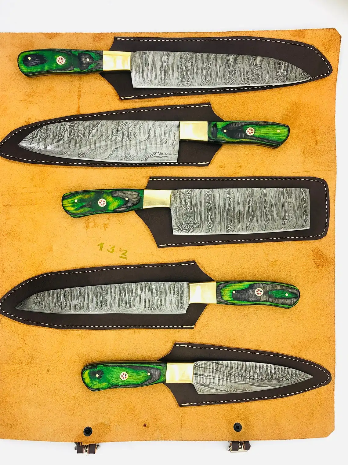 Набор поваров из дамасской кожи ручной работы по индивидуальному заказу 5 шт. с кожаным чехлом.