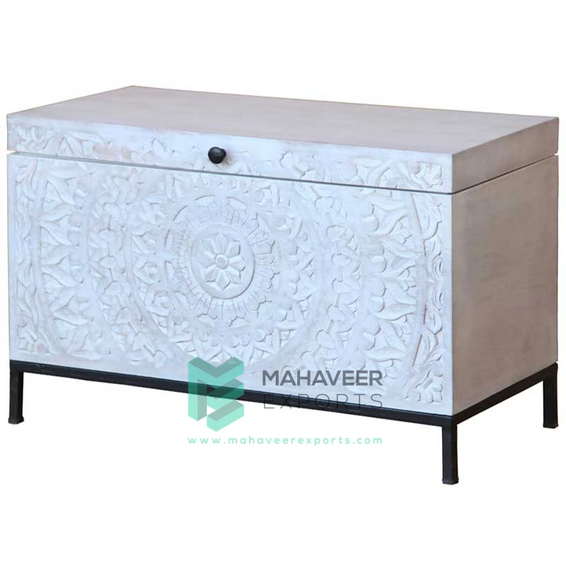 Modern Distressed Wooden Elegant Fine Quality Indian Style Industrial Hand Carved Storage Box Trunk Box Chest
