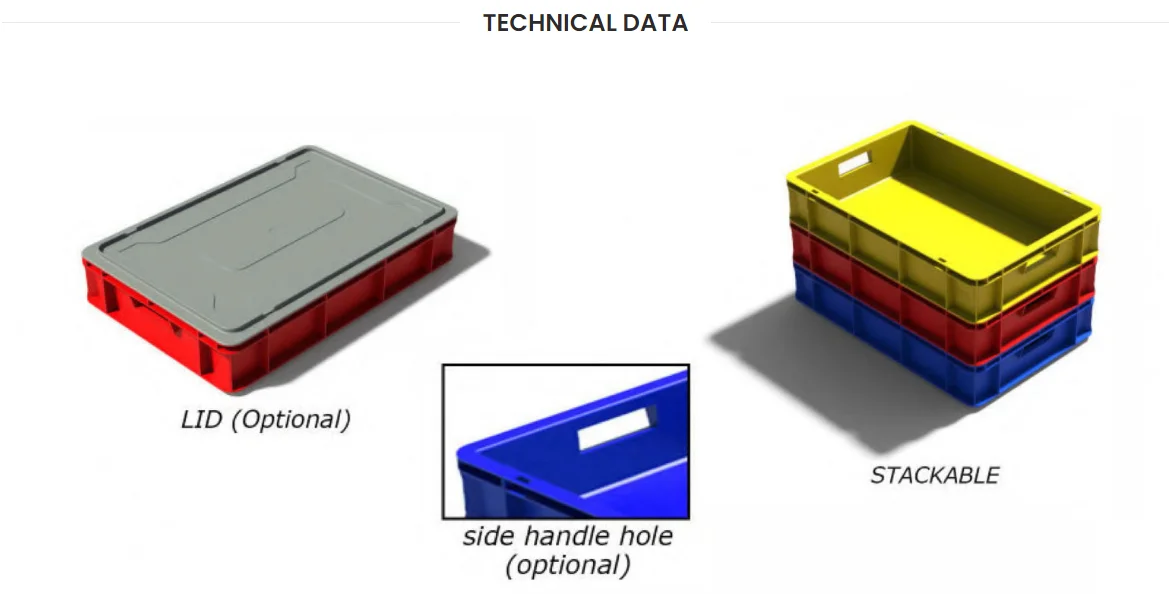 UP HDPE plastic boxes crate blue color 600 x 400 x320 mm stackable vegetable  iso 9001:2015 industrial food grade product