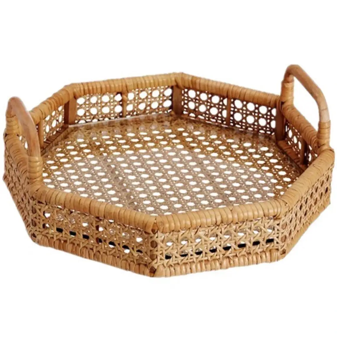 Polygon Rattan Serving Tray with Handles, Ottoman Tray for Living Room Wholesale Vietnam Supplier
