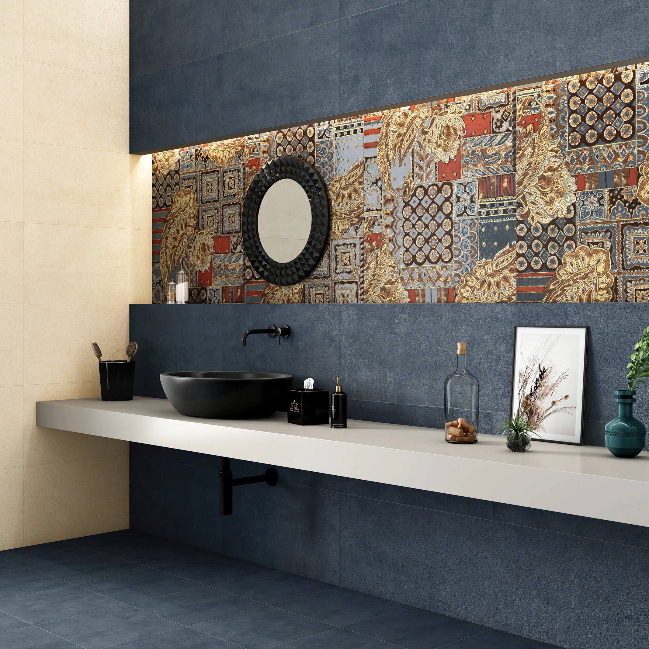 Декоративная настенная плитка 600x300 для ванной и кухни с матовой отделкой синего золотого цвета керамическая цементным