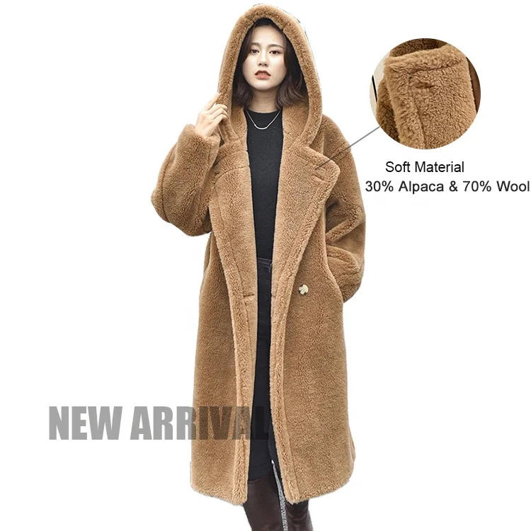 Fashion Style Alpaca Wool Teddy Coat Oversize Hooded Sheep Fur Shearling Long Teddy Coat