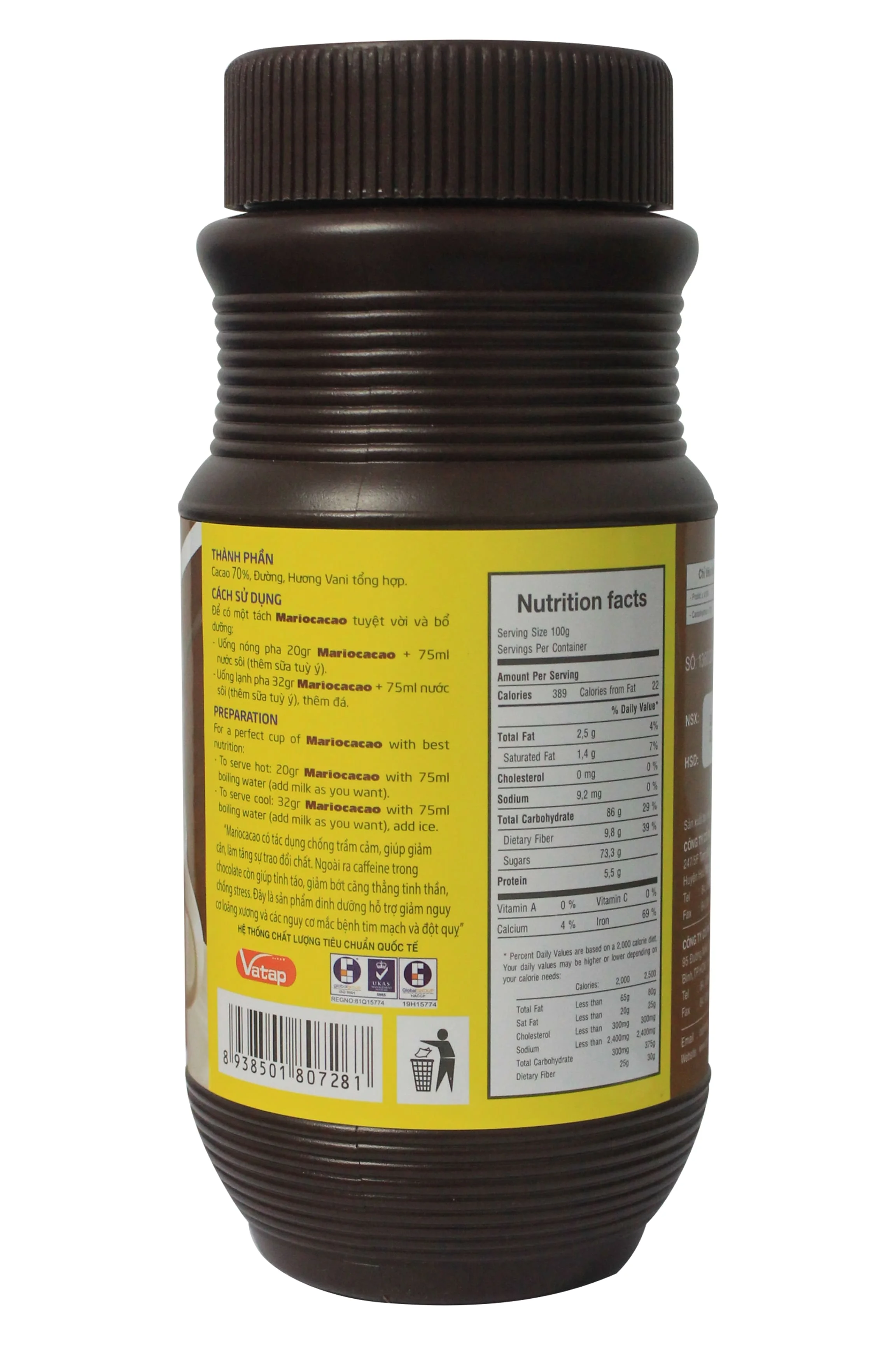 High grade 02 MARIO COCOA Wholesale Shelf Life 12 Months  3 in 1 Brown Jar 500gram/jar Vietnam Instant Cocoa