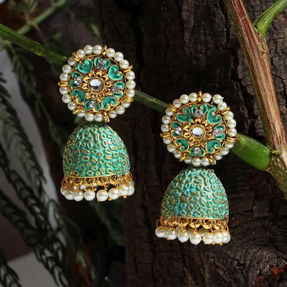 Partywear Collection  Glass Stone Mint Meena Jhumka Earrings