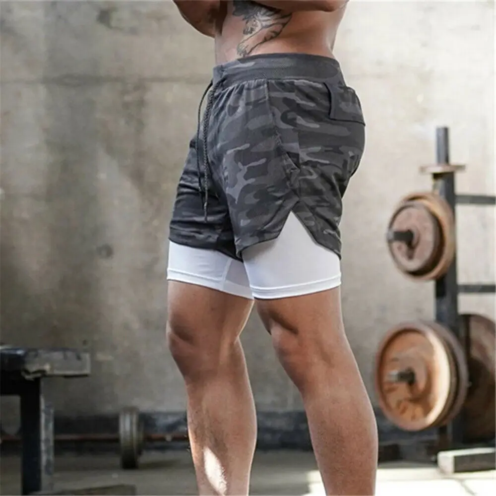 Running Shorts Men 2 in 1 Sports Jogging Fitness Shorts Training Quick Dry Mens Gym Jogging Pocket for Mobile Shorts