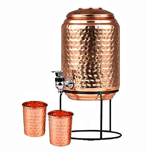 
5 Litre Hammered Heavy Copper Water Dispenser Container Pot with 2 Copper Glass 