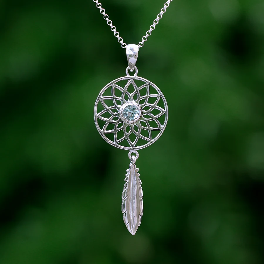 Sterling Silver Lotus Dream Catcher Pendant with Blue Topaz